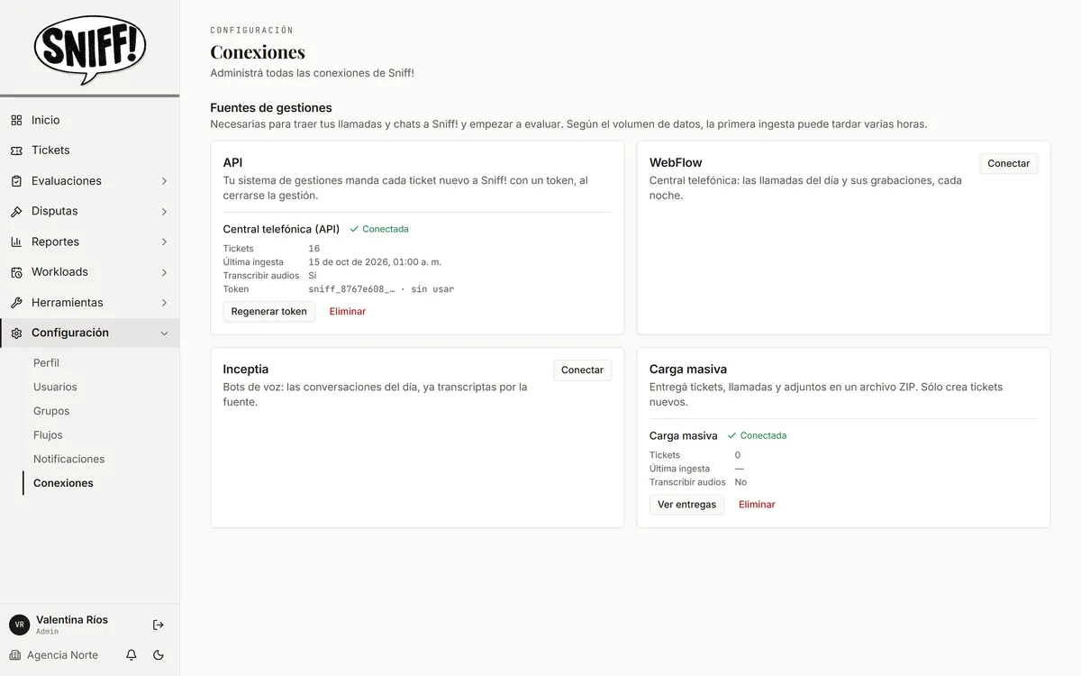 Pantalla de conexiones con API, carga masiva, central telefónica y bot de voz