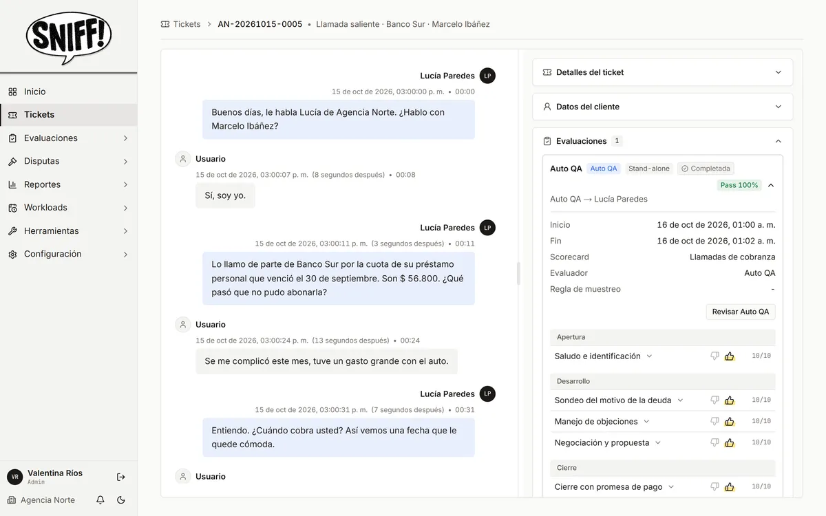 Detalle de un ticket con la transcripción sincronizada
